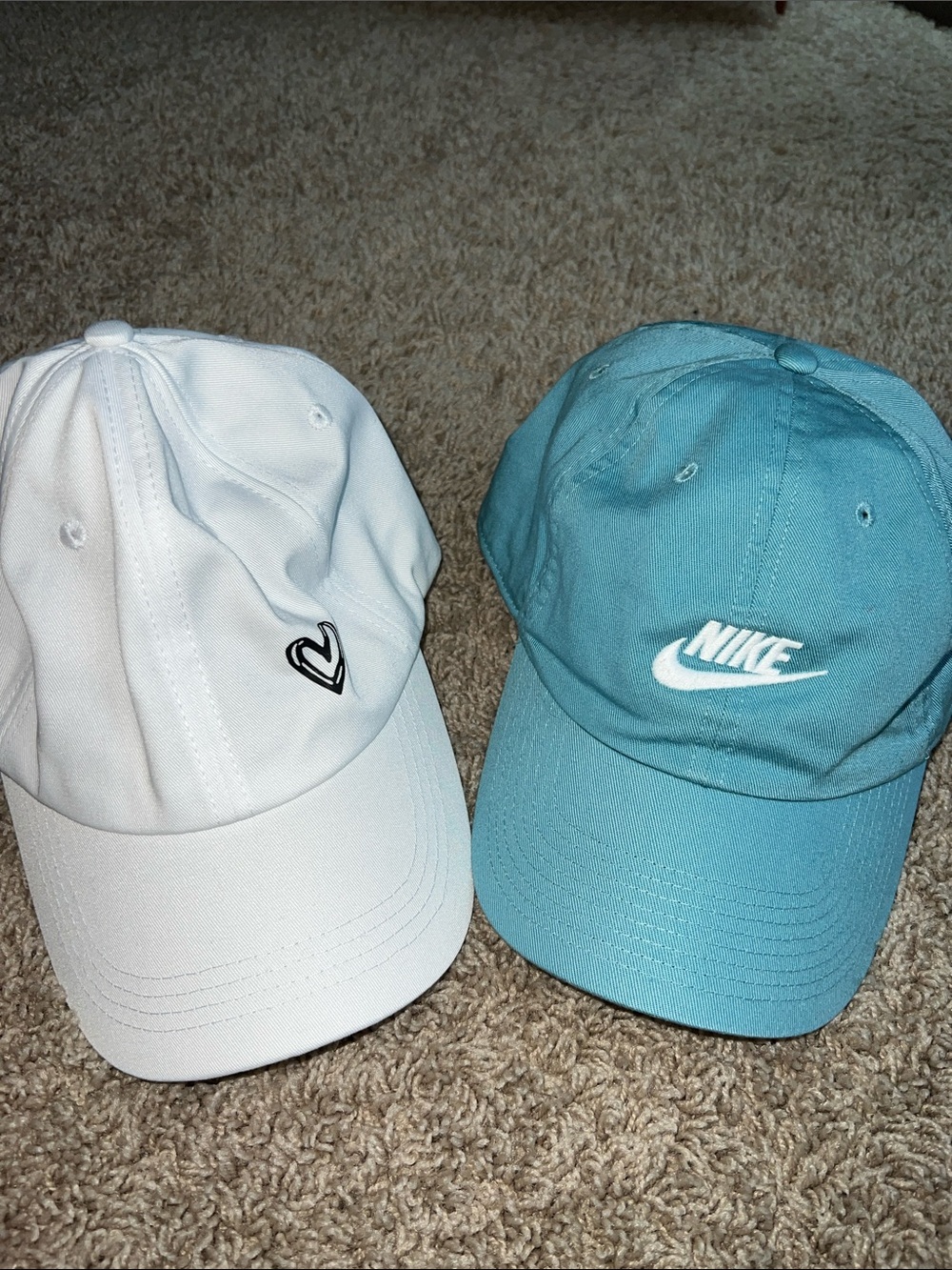 Nike Women's Light Blue Baseball Cap with White Swoosh and white hat with heart